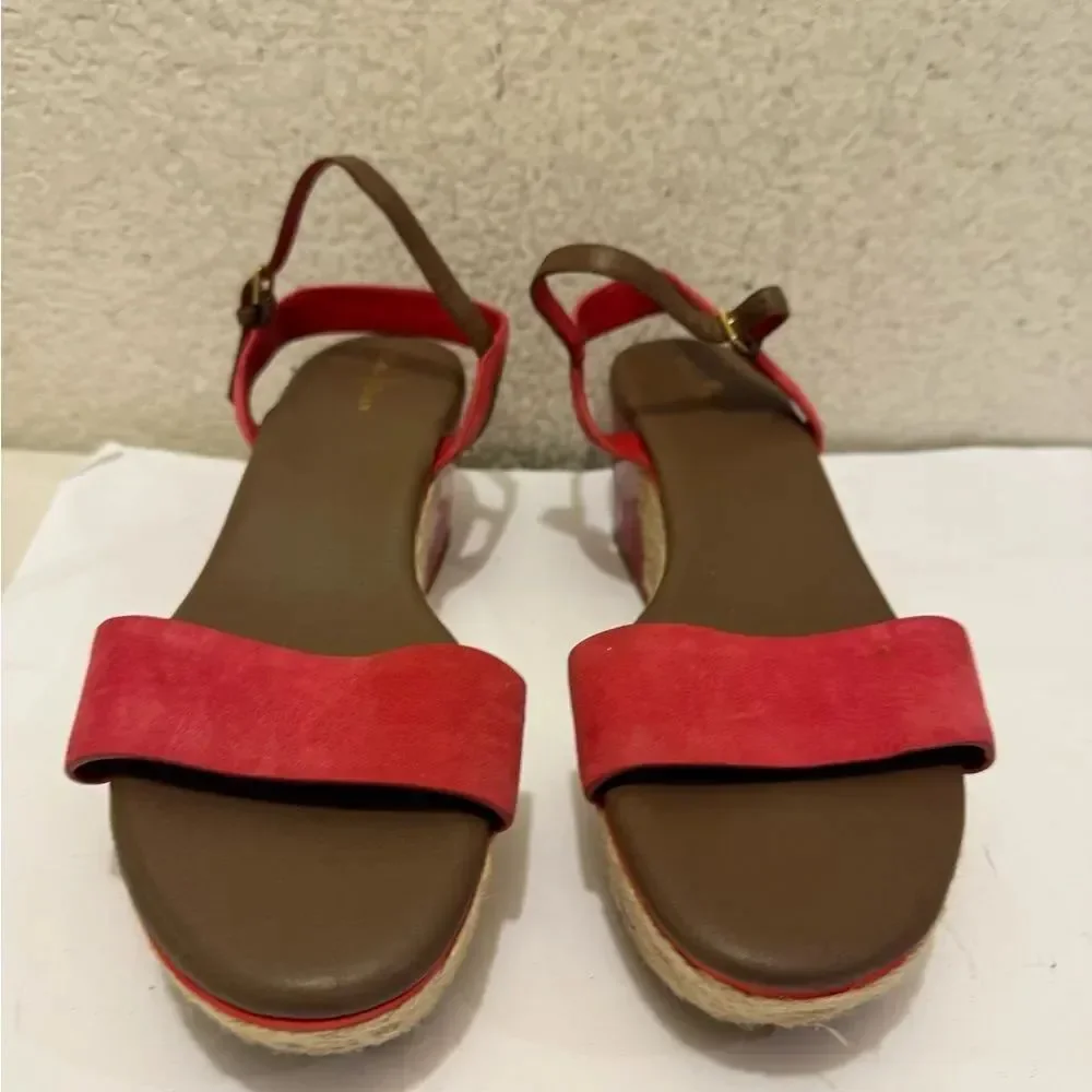 COLE HAAN Red Suede Patent Leather Wedges Espadrille Sandals Ankle Strap 10C
